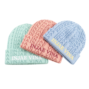 Bonnet d'hiver personnalisé en tricot jacquard bleu pastel avec revers, casquette unisexe chaude style streetwear avec logo brodé en 3D, couvre-chef vierge - Product Image 2