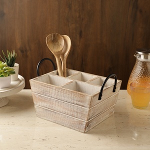 Rustic Mango Wood Cutlery Holder With Multiple Compartments And Metal Handles Perfect For Kitchen Dining And <b>Table</b> Organization - Product Image 1