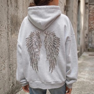 Custom Oversized Light Gray Sequin Angel Wings Hoodie Y2K Streetwear <b>Pullover</b> Sweatshirt - Product Image 5