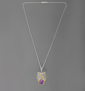 Collar con Colgante de Búho en Plata de Ley 925 con Amatista y Peridoto, Bañado en Rodio Negro y Oro de 18K, Joyería Fina - Product Image 5