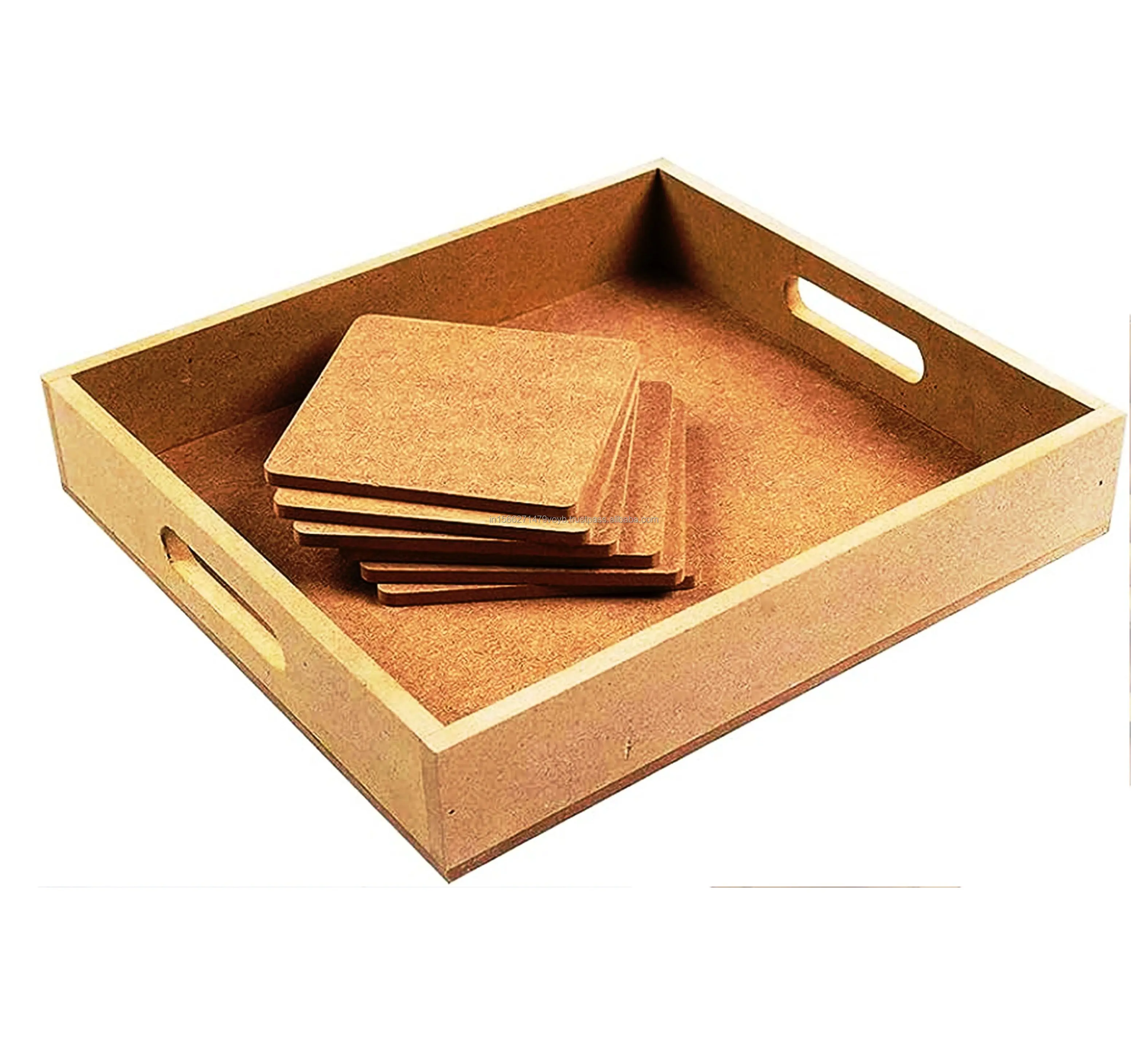 Square MDF Coasters Set of 6 & Tray 10in X 9in Hand crafted wooden Hand painted Decorative serving tray