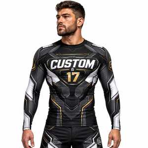 Camiseta de Compresión Personalizada para Hombre, Negra, Blanca y Dorada, con Estampado por Sublimación, Protección UV, Elástica, de Secado Rápido, Poliéster y Elastano, para Entrenamiento de MMA - Product Image 1