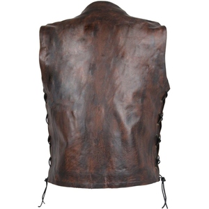 Custom Men's Distressed Genuine Cowhide Leather Motorcycle <b>Vest</b> Vintage <b>Brown</b> V Neck Biker Club Riding <b>Vest</b> Side Lace OEM - Product Image 3