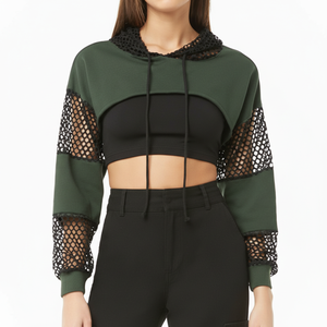 Sudadera con capucha para mujer, sudadera ultracorta con inserciones de malla, sudadera gótica para mujer - Product Image 2