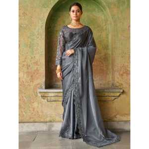 Sorprendente Sari de satén bordado gris para fiesta con blusa - Product Image 1