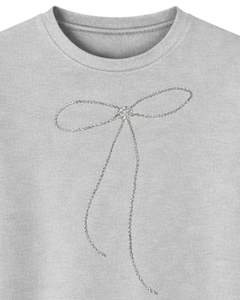 T-shirt en coton gris personnalisé pour femme avec nœud en strass minimaliste, manches courtes, col rond, haut décontracté tendance pour femme, personnalisable OEM - Product Image 5