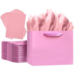5pcs Pink Medium Size Gift Bags with Ribbon Handles 9.6"x7.9"x4.3" Including 10pcs <b>Tissue</b> <b>Paper</b> for Party Favors - Product Image 2