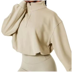 Women's Mustard Yellow <b>Cropped</b> Hoodie Full Sleeve Zipper <b>Up</b> Hooded Sweatshirt Autumn Wear Solid Color Knitted Fabric - Product Image 4