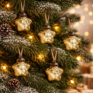 Set of 6 Gold Glass <b>Star</b> | Christmas Ornaments | <b>Hanging</b> Baubles | Tree Decorations | Luxury Festive | Home Decor | Collection - Product Image 2