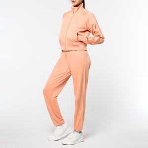 Chaqueta de chándal con cremallera sólida de Primavera de algodón 100% ecológica de alta calidad, conjunto de chándal estilo bolsillo con forro de tubería para mujer - Product Image 4