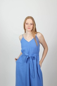 Nouvelle arrivée, robe maxi en coton bleu, silhouette en A, col en V, sans manches, robe de demoiselle d'honneur d'été avec poches - Product Image 3