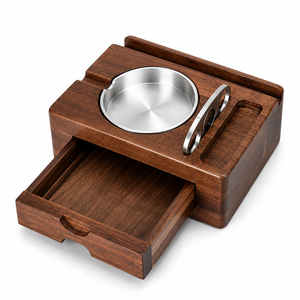 Premium Solid Walnut Wood Cigar Ashtray Organizer with Phone Tablet Holder Drawer <b>Lighter</b> Slot & Cigar Cutter Holder - Product Image 5