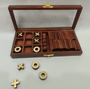 ชุดเกมติ๊กแท็กโทโดมิโนไม้ทำมือ พร้อมกล่องเก็บฝาแก้ว ของขวัญเกมกระดานสำหรับครอบครัว - Product Image 1