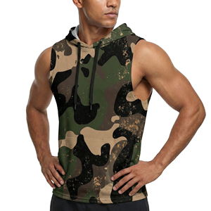 เสื้อกล้ามพิมพ์ลายพรางสำหรับผู้ชายแบบ OEM สั่งทำได้  เสื้อฮู้ดออกกำลังกายแบบไม่มีแขน เสื้อผ้าลำลอง ยืดหยุ่นได้ มีกระเป๋าจิงโจ้ ขายส่งเสื้อกล้าม - Product Image 3