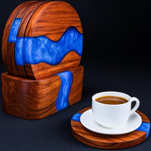 Juego de 4 Posavasos de Madera de Acacia Hechos a Mano con Resina Epoxi, Diseño Clásico, Ecológicos, con Soporte para Mesa de Centro - Product Image 3