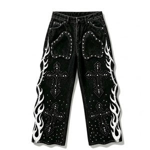 Y2K Rhinestone Flame Denim Solid Set Women Cropped Layered <b>Jacket</b> Wide Leg Jeans <b>Gothic</b> Cross Studded Black Vintage Streetwear - Product Image 6