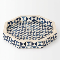 Nampan Sajian Tulang Buatan Tangan Grosir Kustom OEM ODM Biru Putih Inlay Tulang Geometris Segitiga Oktagon DECORYUG