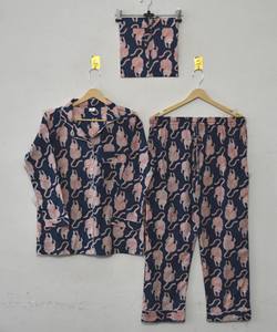 Ensemble de pyjama pour femmes de haute qualité, bleu marine, en coton tissé, élégant, à motif léopard, boutonné, col cranté, respirant - Product Image 4