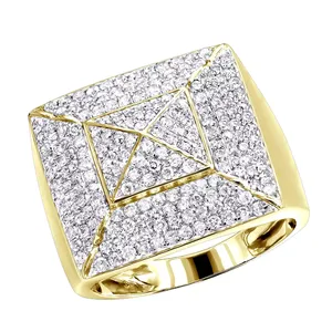 EtherStar 2.50ct Lab Grown Diamond Luxury <b>Mens</b> <b>Ring</b> <b>Gold</b> 3D Pyramid Geometric Pave Round Brilliant Cut Signet Band - Product Image 3
