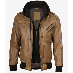 Veste en cuir de vachette marron camel OEM 2026, très vendue, pour homme, avec col à capuche, poches zippées, haute qualité, faible MOQ, veste tendance - Product Image 5