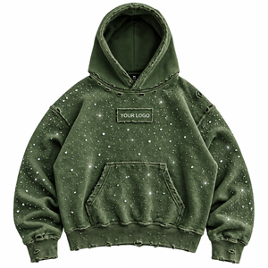 Sudadera con capucha extragrande de invierno personalizada, con efecto desgastado, pedrería y lentejuelas, de algodón, bordada, ecológica, superventas - Product Image 1