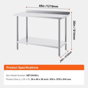 Tavolo da Lavoro Commerciale in Acciaio Inox 48" X 36" con Profondità 24" per Preparazione Alimenti, Banco da Lavoro in Metallo Resistente - Product Image 3