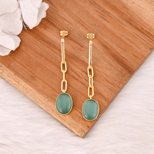 Handmade Gold Plated Green <b>Cat's</b> Eye Gemstone Brass <b>Earrings</b> Trendy Fashion Statement Jewelry for Women - Product Image 4