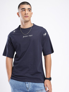 Camiseta de Manga Corta Azul Marino para Hombre con Diseño Abstracto Blanco en la Espalda, Corte Regular, Cuello Redondo, Estilo Casual, 100% Algodón Jersey - Product Image 4