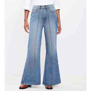 Pantalon évasé en velours côtelé bleu uni, taille haute, coupe ample, respirant, extensible, décontracté, style vintage, longueur intégrale, personnalisable - Product Image 1