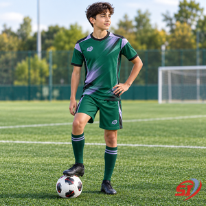 Tenue de football personnalisée pour garçons : Maillot et short Aurora Block, kit d'équipe jeunesse premium, séchage rapide, sublimation, col en V, taille élastique - Product Image 3