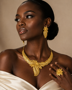 Classic Fashion Flower Box Chain Elegant Nigerian Wedding Gold Plated Leaf Necklace Earrings Ring Set - Product Image 3