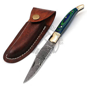 มีดพับเหล็กดามัสกัสแบรนด์ใหม่พร้อมปลอกหนัง มีดล่าสัตว์ มีดพกพา Laguiole พร้อมด้ามไม้สีเขียวอมฟ้าและเหล็กทองเหลือง - Product Image 2