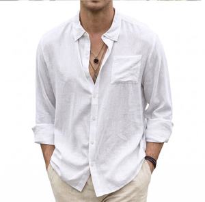 Men's Linen Cotton Blend Long Sleeve Stand Collar Casual Dress <b>Shirt</b> Wrinkle Resistant Button Down Business <b>Office</b> Wear - Product Image 1