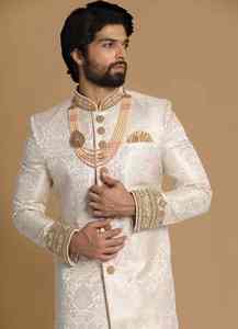 ชุดเชอร์วานีสำหรับงานแต่งงานผู้ชายอินเดีย-ปากีสถาน ชุดเจ้าบ่าวหรูหราปักลาย ซัลวาร์ คามีซ สวมใส่สบาย ไม่ยับ ป้องกันแสงแดด - Product Image 5