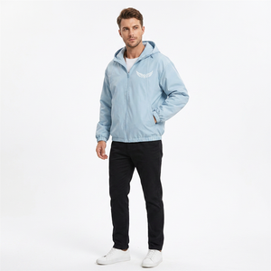 Light Blue Hooded Fleece <b>Jacket</b> With Wing Logo Zipper Front Casual Unisex Autumn Wear - Product Image 3