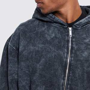 Men's Oversized Hoodie, Vintage Acid Wash, Distressed, <b>Pockets</b>, Heavyweight <b>Zip</b>-Up Hoodie, Solid Color Men's Casual <b>Hoodies</b> - Product Image 6