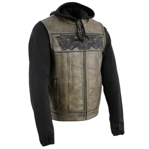 Men Genuine Leather Motorcycle <b>Jacket</b> Hooded Zipper Closure Skull Embroidery <b>Fleece</b> <b>Lining</b> Distress Finish Autumn Riding - Product Image 5