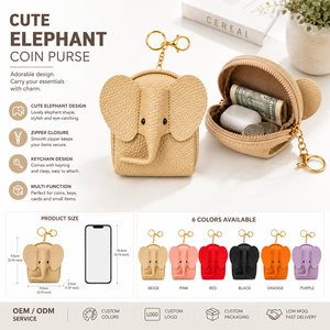OEM Cute Rectangle Elephant Coin <b>Purse</b> Keychain PU <b>Leather</b> Mini Zipper Wallet Small Coin Bag with Key Ring Wrist Strap - Product Image 5
