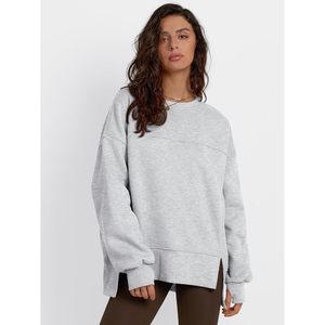 Sudadera de Mujer Oversize con Cuello Redondo y Manga Larga, Color Liso, Dobladillo Asimétrico, Hombros Caídos, Tejido de Mezcla de Algodón, Ideal para Otoño - Product Image 1