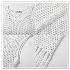 <b>White</b> Knitted Halter 2-Piece Swimwear <b>Set</b> with Skirt Bottom Tassel Hem Hollow Out Design Anti-UV Protection for Women - Product Image 4