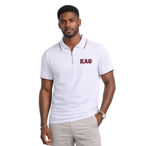 Polo Performance Kappa Alpha Psi a 3 Lettere con Zip, Bianca, Abbigliamento per Fraternità Greca, Vestibilità Atletica e Comfort Traspirante - Product Image 1