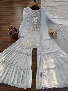 Women's Modern Embroidered Summer Spring Festive <b>Wedding</b> Party Wear Pakistani Salwar Suit Kurta Sharara Dupatta Set - Product Image 5
