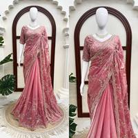Sari en Faux Georgette avec Broderie de Paillettes, Style Régional, avec Dupatta en Voile Doux et Pièce de Blouse Non Cousue pour Femme