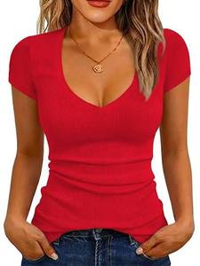 Red <b>Viscose</b>/Cotton Breathable Short Sleeve Spring/Summer Daily Wear Women's Sporty Slim Fit Solid V-neck Knit <b>Tops</b> - Product Image 3