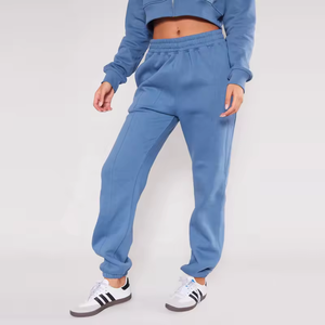 Women's Blue Crop Zipper Sweatshirt Matching Full Length Jogger <b>Pants</b> Set Casual Tracksuit Solid Color Loose Fit Autumn Wear - Product Image 4