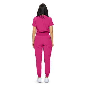 Ensemble de blouses roses pour femmes, haut à col en V avec pantalon à cordon de serrage, uniformes d'hôpital, tissu tricoté en polyester - Product Image 4