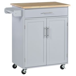 Carrello da Cucina Mobile Moderno Grigio con Isola Girevole, Cassetti Regolabili, Portasciugamani - Realizzato in Plastica, Legno di Quercia, MDF, Marmo - Product Image 1