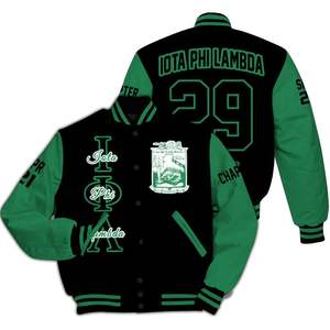 Chaqueta Universitaria Personalizada Iota Phi Lambda para Mujer, Chaqueta Bomber con Letras y Números Bordados en Negro y Verde - Product Image 3