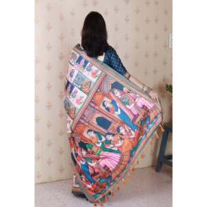 ผ้าไหมทัสซาร์สีน้ำเงินกรมท่าพิมพ์ลายคาลัมคารีแบบหนา พร้อมขอบผ้าทอแบบซารี  ชุดราตรี - Product Image 4