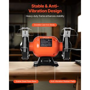 Single Speed 6-inch Bench <b>Grinder</b> with 1750RPM Low-Speed Table 250W 2A Induction Motor 36/60-Grit Grips - Product Image 6